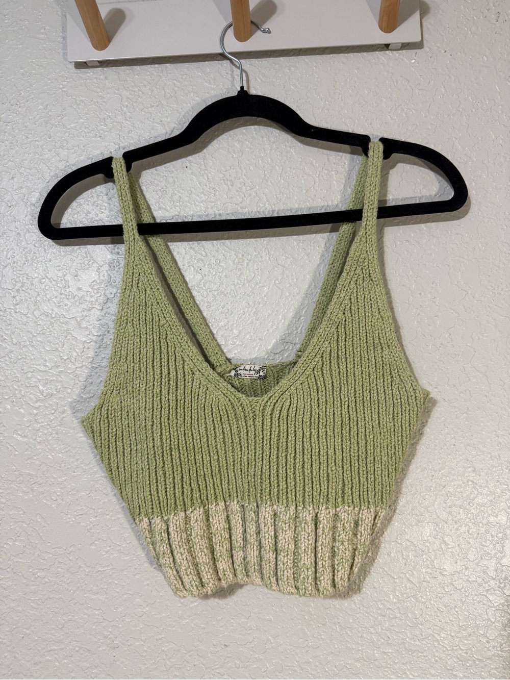 Free People Ribbed V-Neck Crop Tank - Sage Green & Cream